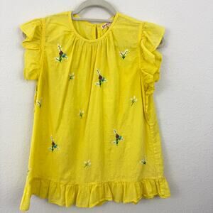 Banjanan Womens Tricia Blouse Top Sz S Ruffled Embroider Floral Swiss Dot Yellow